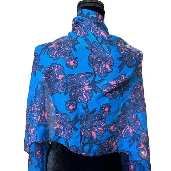 Unbranded Scarf Womens Long Rectangle Blue Pink Floral Flower Shawl Wrap - Picture 5 of 8